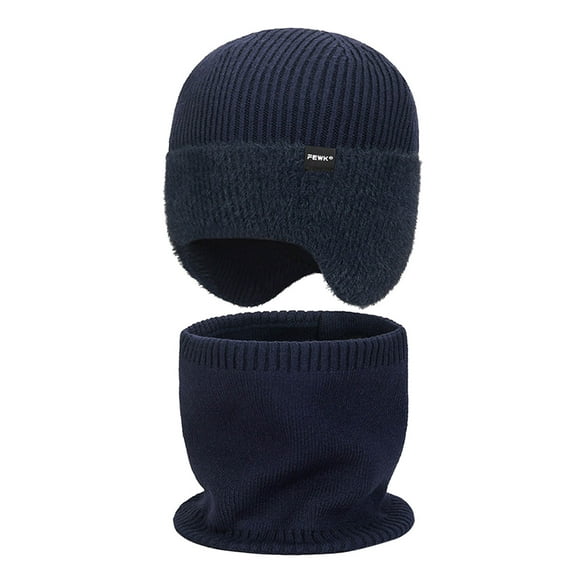 Fgnfyis Male Winter Windproof and Warm Neck Knitted Hat Imitation Ear and Cold Scarf Two Piece Set Bomber Hats Blue
