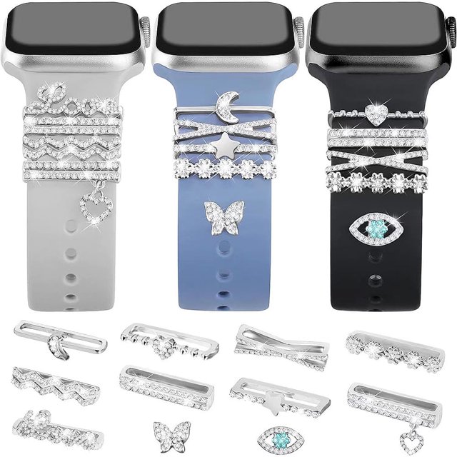 Luniquz - 11 paquetes de accesorios decorativos compatibles con Apple Watch Band Charms de 41/40/38/42/44/45/49 mm para mujer, acero inoxidable, accesorios de pulsera de metal brillante para iWatch