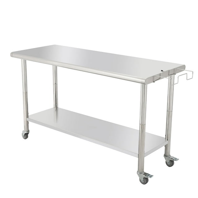 Table de Travail en Acier Inoxydable NSF - Station de Préparation Robuste à 2 Niveaux 60x24 Pouces avec Tablette Inférieure Réglable, Roulettes, Support à Déchets Amovible -08 Bord Courbé avec Support à Déchets Amovible, Taille : 60*24*35 Pouces