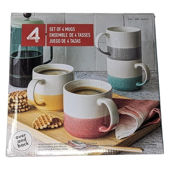 Over & Back:16 oz Porcelain Coffee Mugs Set, Stoneware Coffee & Tea Cups with Handle, Dishwasher & microwave safe, Set of 4