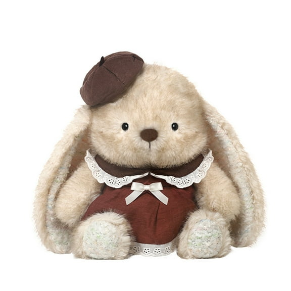 Bunny Stuffed Animal Fluffy Huggable Rabbit Plush Toy, 13.7-Inch Delightful Dressed Bunny in Khaki Vintage Dress, Floppy Ears Rabbit Plush Easter Gifts & Spring Home Decor