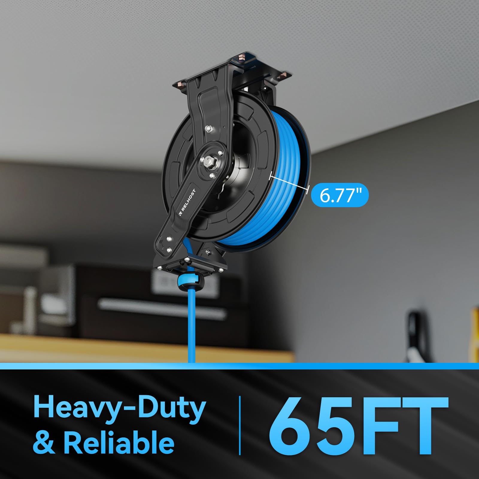Relhost Retractable Air Hose Reel, 65 ft x 3/8 in Hybrid Air Hose Max 300PSI, Heavy Duty Air Compressor Hose Reel with Dual Arms, Auto Rewind, Ceiling/Wall Mount for Garage, Workshop, Home Studio
