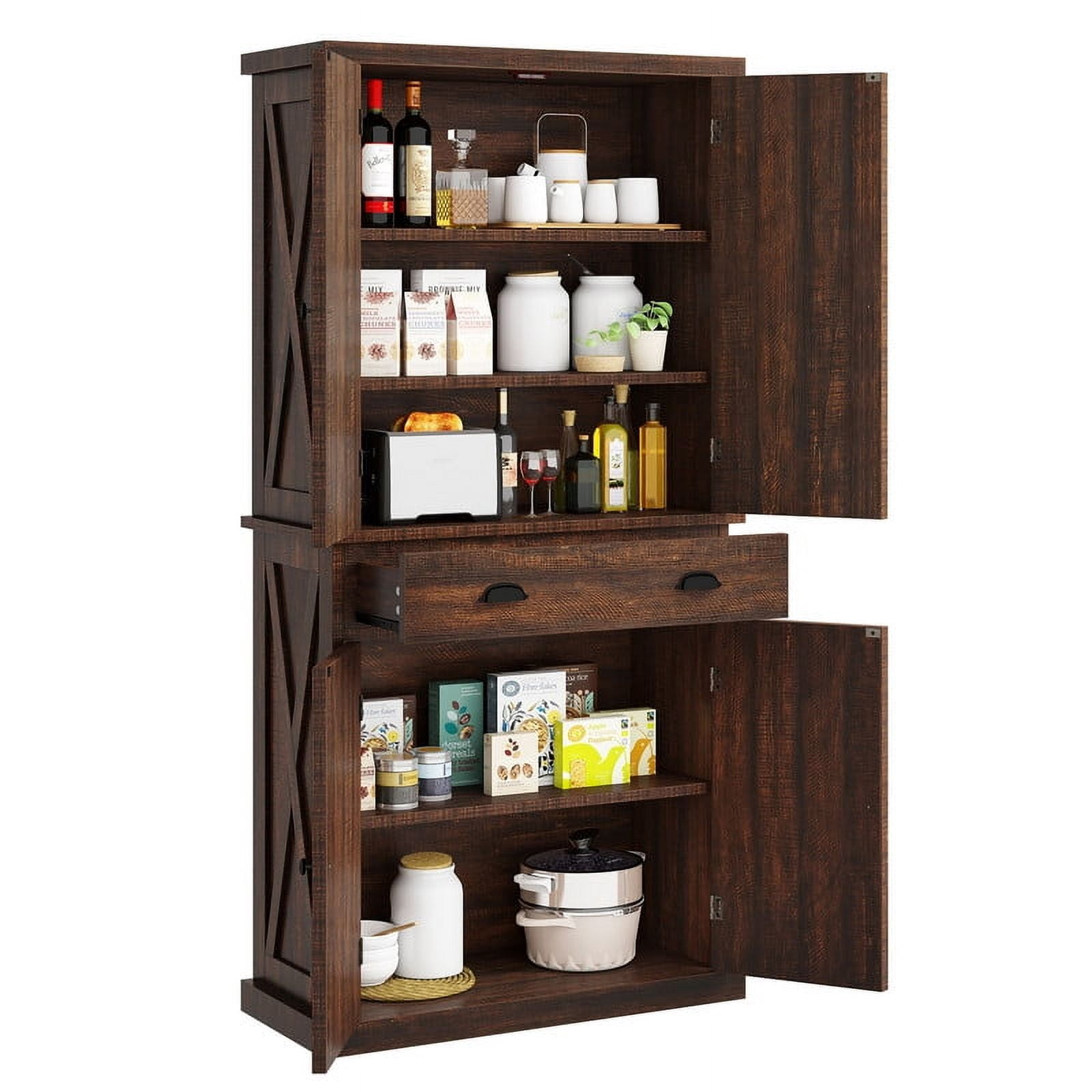 Uforic 71" Tall Farmhouse Kitchen Pantry Cabinet with Drawer and Adjustable Shelves, Brown Oak