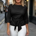 thumbnail image 5 of SSZMDLB Women 3/4 Sleeve Tie Front T-Shirts Round Neck Casual Summer Tops Solid Basic Tee Shirt Comfy Vacation Outfits Knotted Front Workout Clothes, Black S, 5 of 5