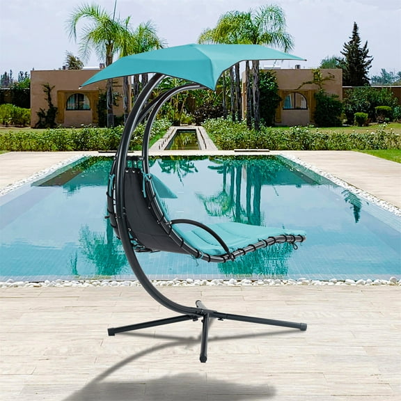 Hanging Chaise Lounger with Removable Canopy, Outdoor Swing Chair with Steel Frame and Built-in Pillow, Hanging Curved Chaise Lounge Hammock Chair with Stand for Patio, Porch