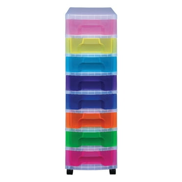 Really Useful Box® Plastic 8-Drawer Storage Tower, 7 Liters, 36 1/2" x 15 3/4" x 12", Clear/Rainbow