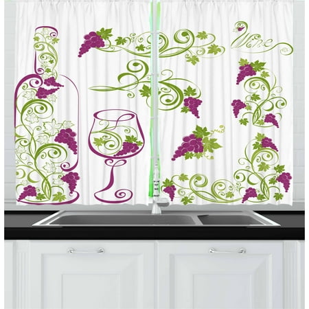 Wine Curtains 2 Panels Set, Wine Bottle and Glass Grapevines Lettering with Swirled Branches Lines, Window Drapes for Living Room Bedroom, 55W X 39L Inches, Purple Lime Green White, by