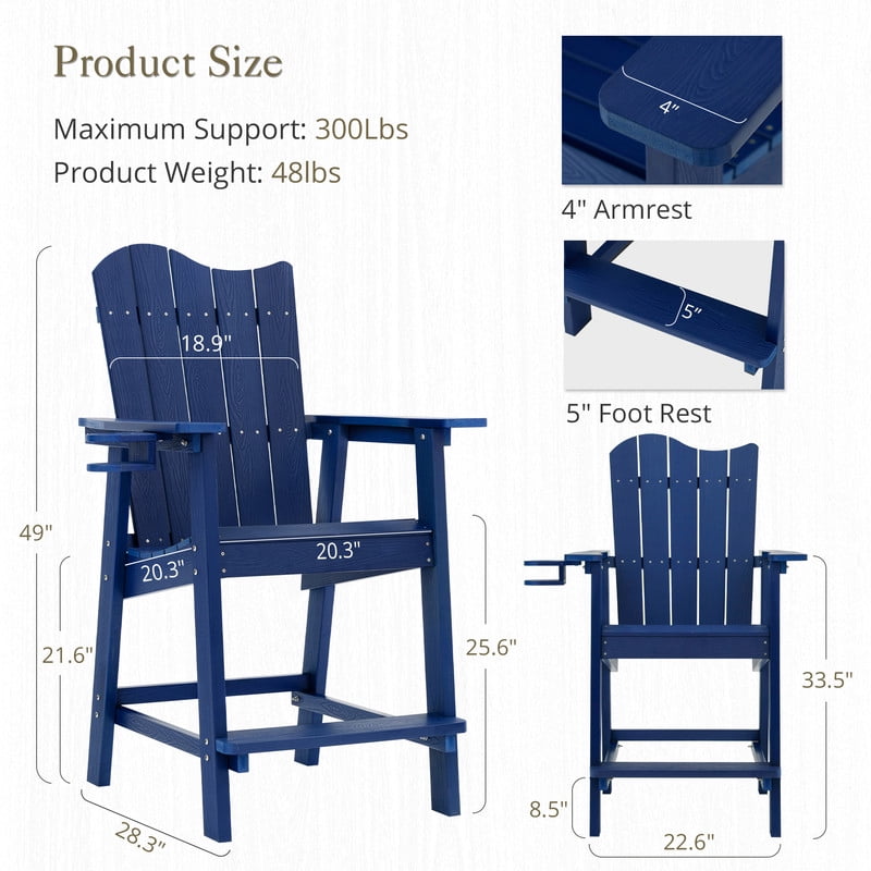 Dycanpo 25.6'' Tall Adirondack Chair with Cup Holder,Outdoor Bar Stools set of 4,HDPS-Navy Blue