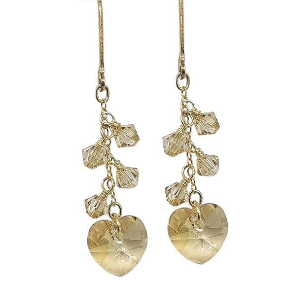 Sparkling Crystal Heart Cluster Dangle Earrings 14k Gold Filled - Golden Shade