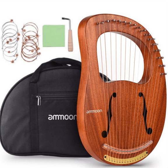 ammoon WH-16 16-String Wooden Lyre Harp Metal Strings Solid Wood String Instrument with Carry Bag Tuning Wrench Cleaning Spare Strings Cloth MusicBook