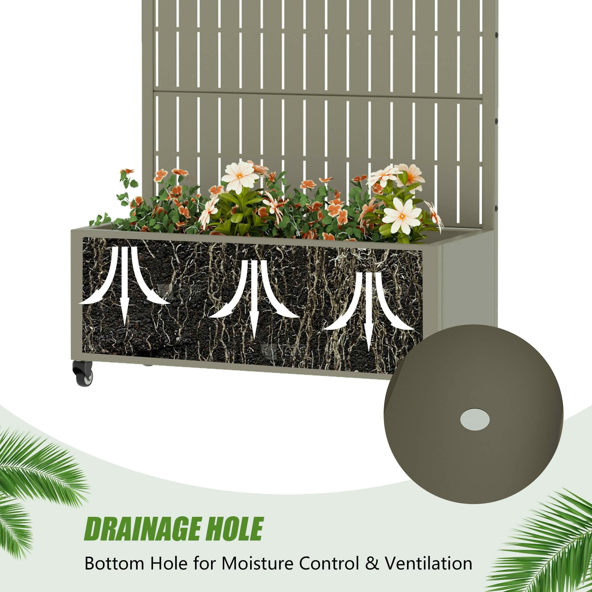 MAYEERTY 72X35" Metal Outdoor Olive Gray Privacy Screen with Planter Box for Backyard & Garden, 5 Piece Set