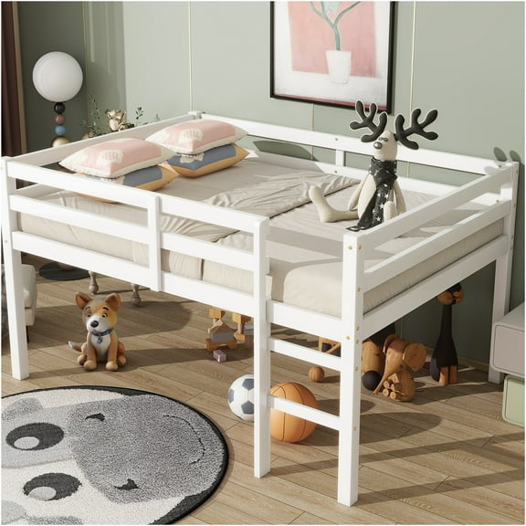 JERFIT Full Wood Loft Bed with Ladder, White