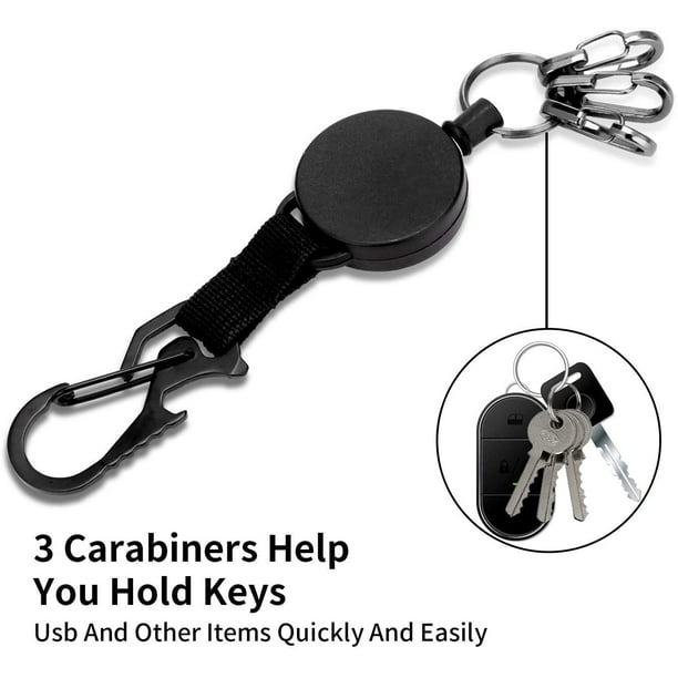 Damaie Retractable Key-Chain Badge Reel - Heavy Duty Key Holder Ring With Carabiner,steel Cable,3 Quick Release Clips,keychain For Work,janitor,black