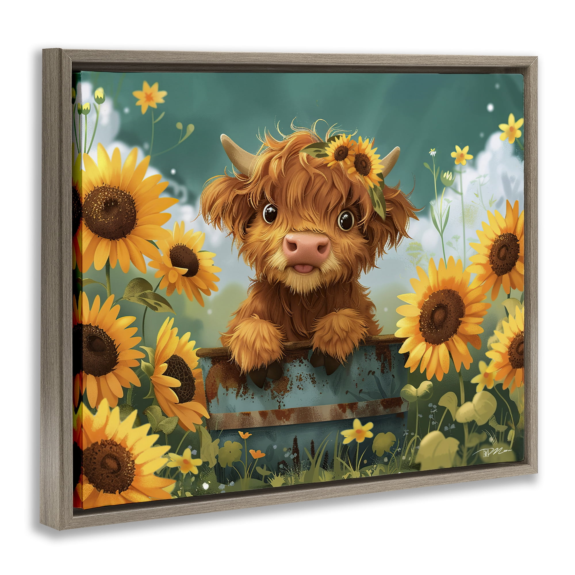 Cute Happy Highland Cow Brown Framed Floater Canvas Wall Art, design by Momart