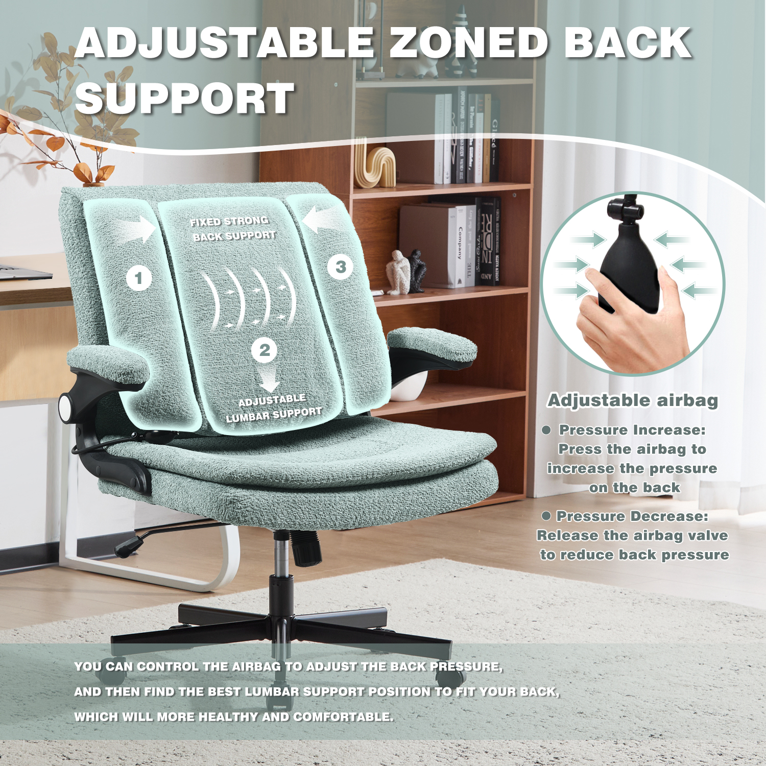 Wide Criss Cross Chair with Flip Up Back Cushion and Arms, Ergonomic Cross Legged Office Chair with Dynamic Lumbar Support, Upholstered Swivel Rolling Vanity Chair for Customized Comfort
