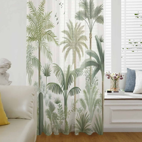Green Palm Trees Semi Sheer Curtains Drapes for Living Room, Bedroom, French Doors Window 96 Inches Long, Farmhouse Summer Leaves Plants Birds Rod Pocket Chiffon Curtain Drapery Voile Drape Panel