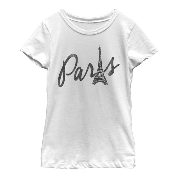 Girl's Lost Gods Paris Cursive Eiffel Tower Graphic Tee White X Large