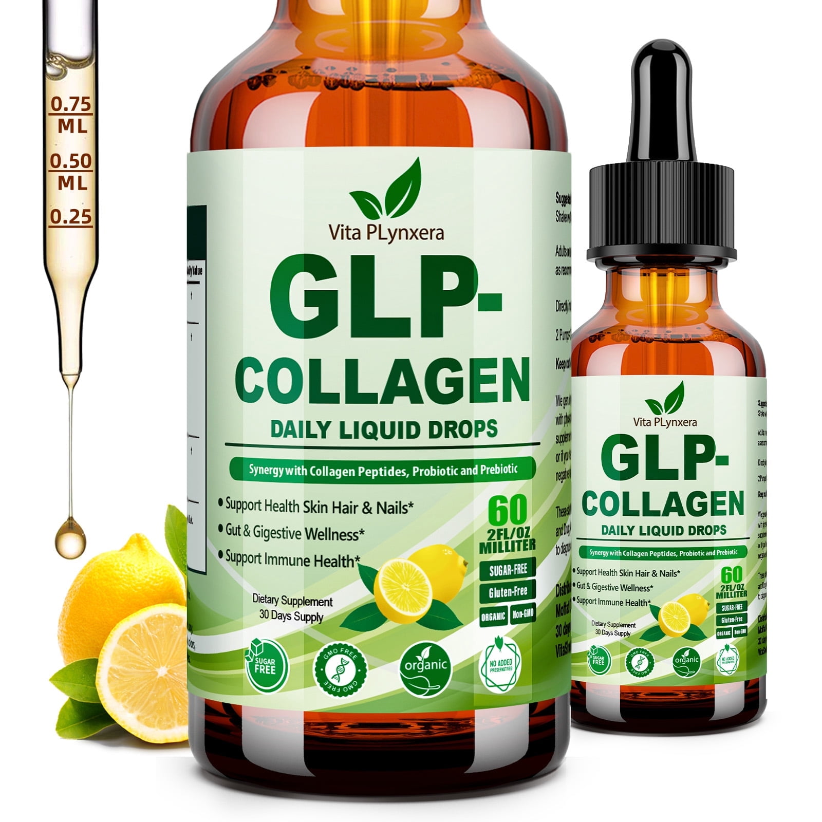 Vita Plynxera Liquid Collagen Drops for Women, Easy-Absorb Bovine Peptides, 60 Billion CFU Probiotic & Prebiotic, Supports Skin, Hair, Nails & Gut Digestive Wellness