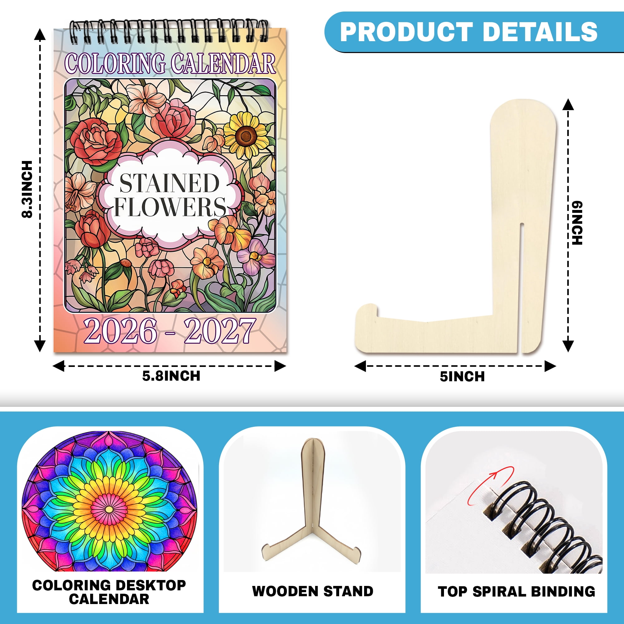 Stained Glass Flowers Coloring Desk Calendar 2026–2027, A5 Wooden Cover Planner with 26 Easy Coloring Pages for Adult Relaxation, 24 Month Desktop Calendar with Stand, Gift for Family & Friends