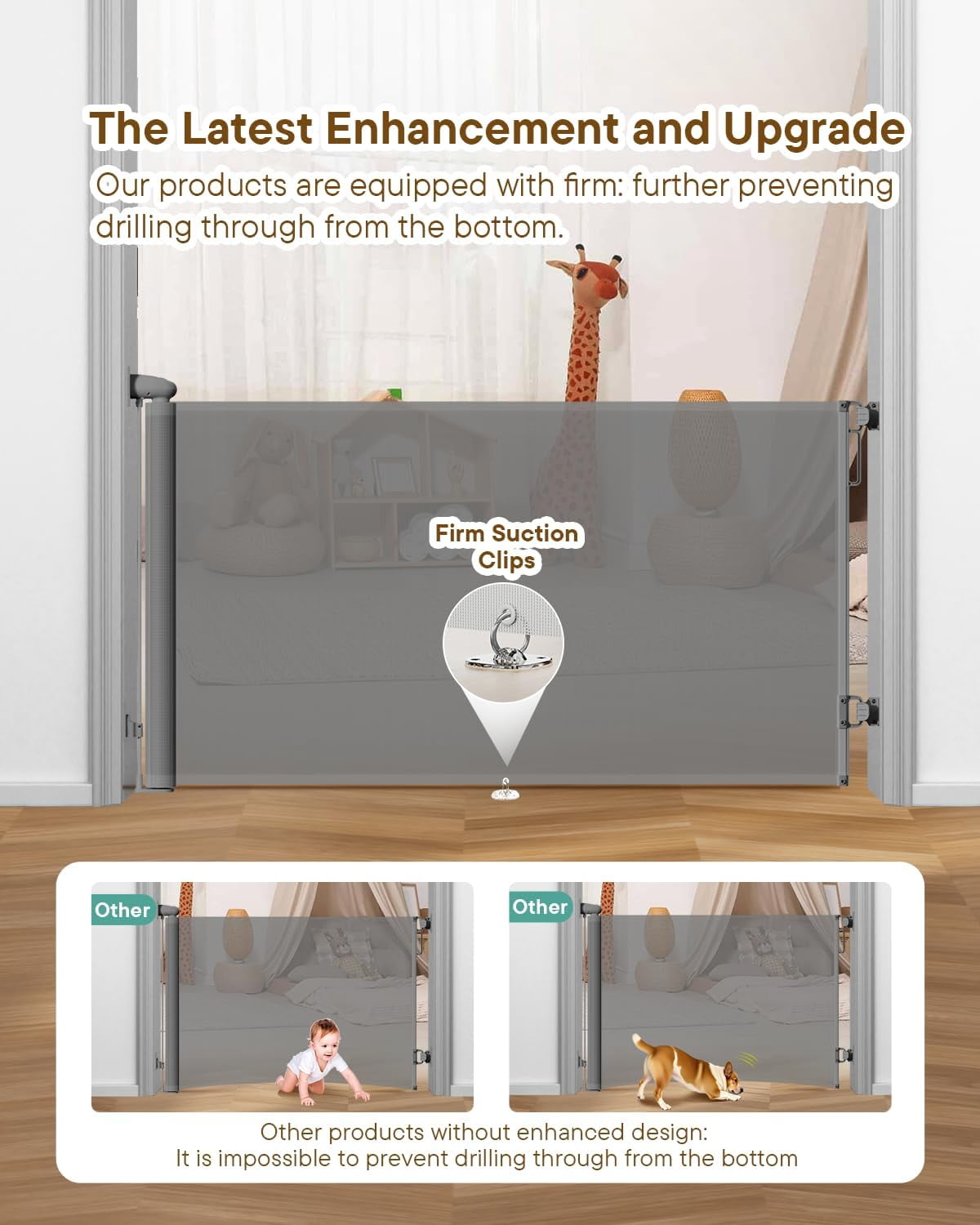 UniVerse Retractable Baby Gate, for Stairs 55" Wide Mesh Dog Gate Indoor, Two-Step Safety Lock, 34" Tall Child Gate for Doorways, Hallways, Deck, Indoor Outdoor Garage Gray