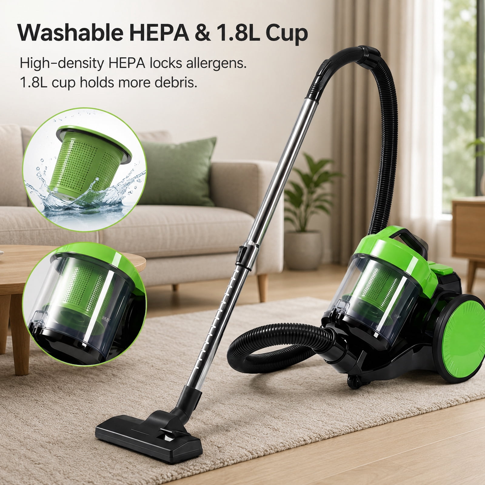 Alvantor Household Portable Vacuum Cleaner, 16Kpa Bagless Canister Cleaner, Lightweight Powerful Vacuum for Carpets and Hard Floors, 1.8L, with Washable HEPA Filter, Auto-Rewind