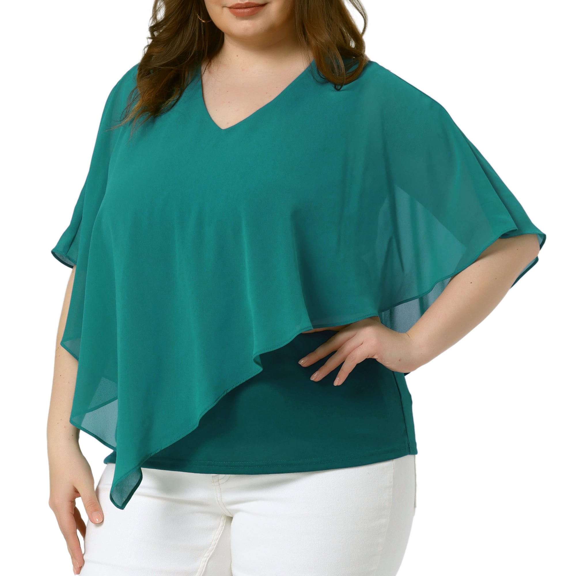 DARING DIVA Women's Plus V Neck Flowy Double Layered Chiffon Blouse 2X Lake Blue