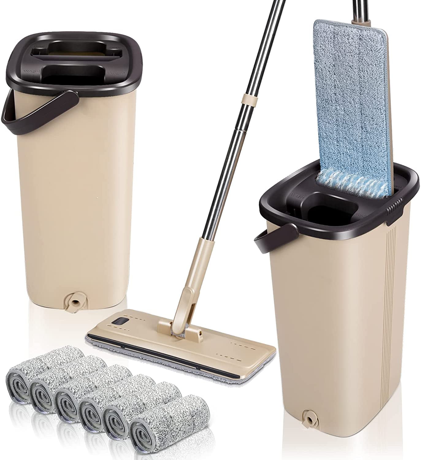 Squeeze Mop And Bucket Set Hand Free Flat Floor Self Cleaning Microfiber Pads 7 