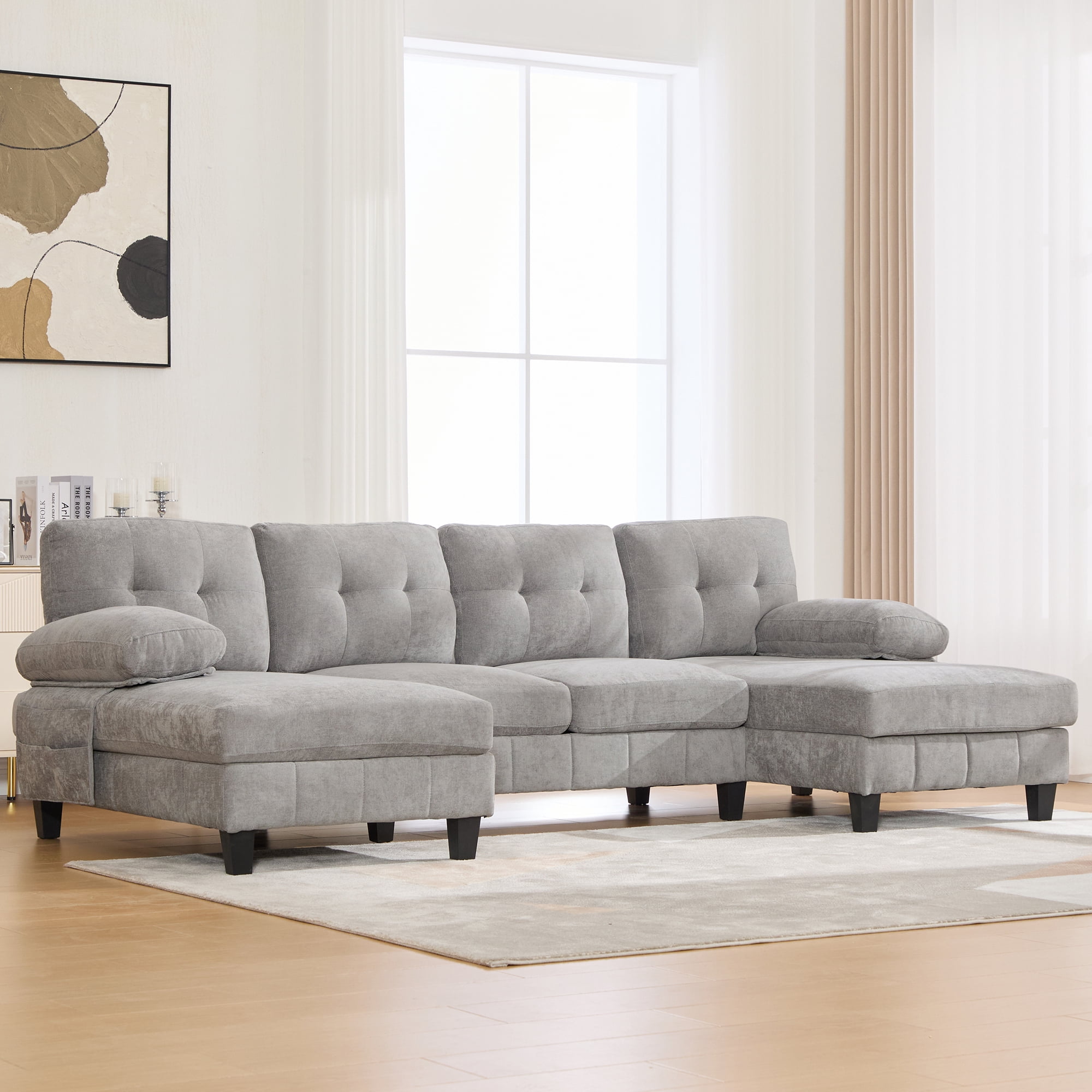 Leumius U Shaped Sectional Sofa, 103.5" Chenille Fabric Couch with Double Chaise Lounges, U Shaped Couch for Living Room, Gray