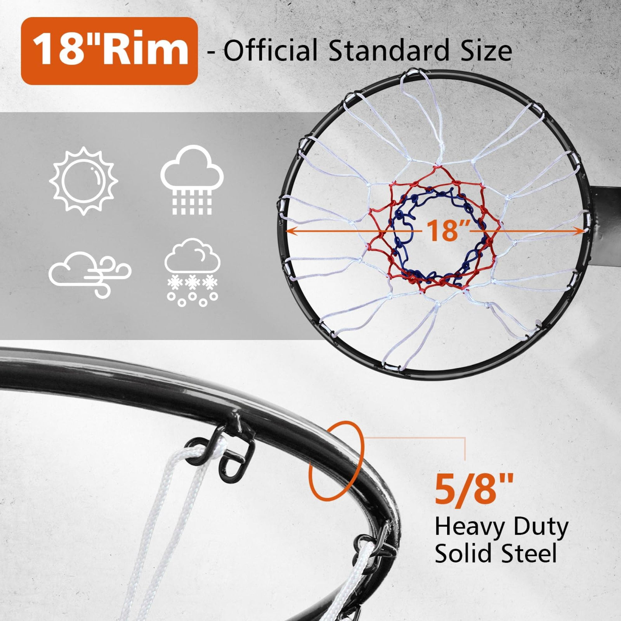 18 Inch Standard Double Spring Solid Steel Basketball Rim Heavy‑Duty Wall Mount Replacement Hoop with Nylon Net Shock‑Absorbing Basketball Goal for Indoor Outdoor Kids Teens Home Backyard Play