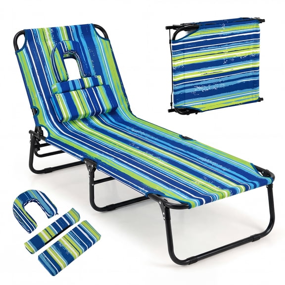 Costway Folding Beach Sun Lounger with Face Hole & Removable Pillows, 4-Position Backrest Blue Stripe