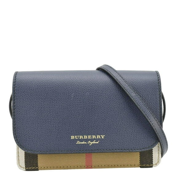 Pre-Owned BURBERRY Hampshire Small House Check Wallet On Chain Crossbody Bag Navy Blue