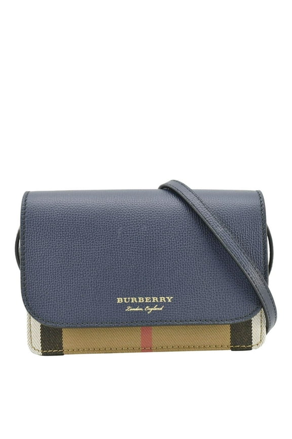 Pre-Owned BURBERRY Hampshire Small House Check Wallet On Chain Crossbody Bag Navy Blue