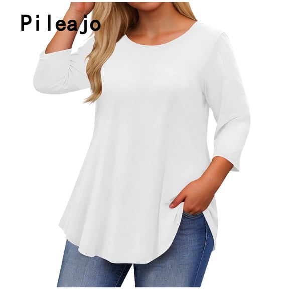 Pileajo Plus Size Tops for Women Spring Summer 3/4 Sleeve Round Neck Loose Tunics Dressy Casual Floral Top