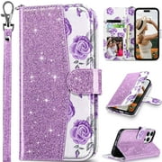 ULAK Case for iPhone 15 Pro Wallet, Kickstand Folio Flip Leather Phone Case with Cards Holder for Apple iPhone 15 Pro for Women Girls,Glitter Purple Flora