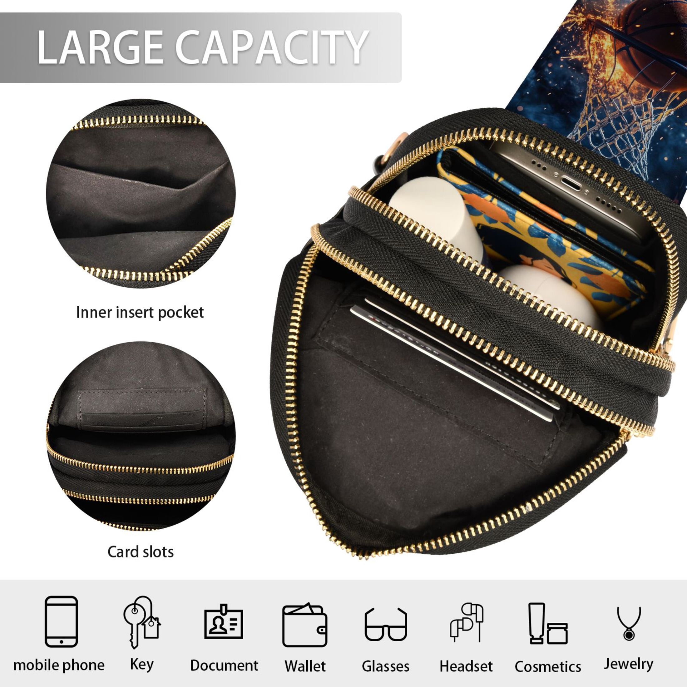 ALAZA Basketball Sparks Sling Bag for Women Men Waterproof Crossbody Chest Bags