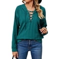 thumbnail image 3 of NFTOEIULA Women Criss Cross Lace Up V Neck Long Sleeve Drawstring Hoodie, 3 of 7