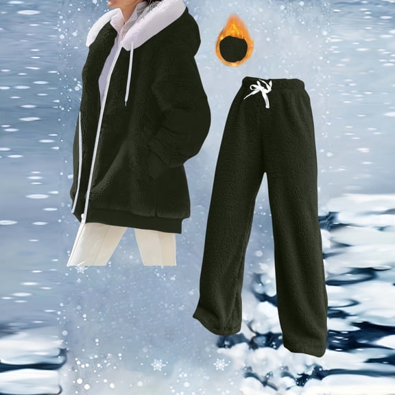 Woman Winter Warm Fuzzy Outfits Long Sleeve Zip Outerwear Coats Fleece Drawstring Wide Leg Pants Thick Warm Loungewear Sets Green S