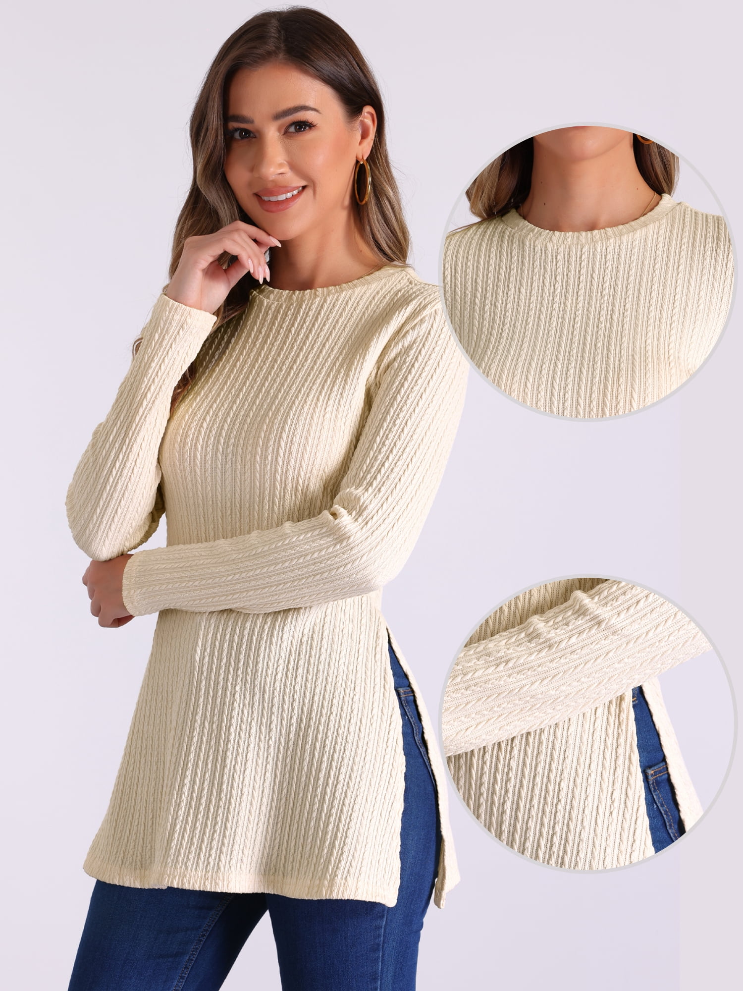 DARING DIVA Women's Long Sleeve T Shirt Split Hem Textured Blouse Apricot S