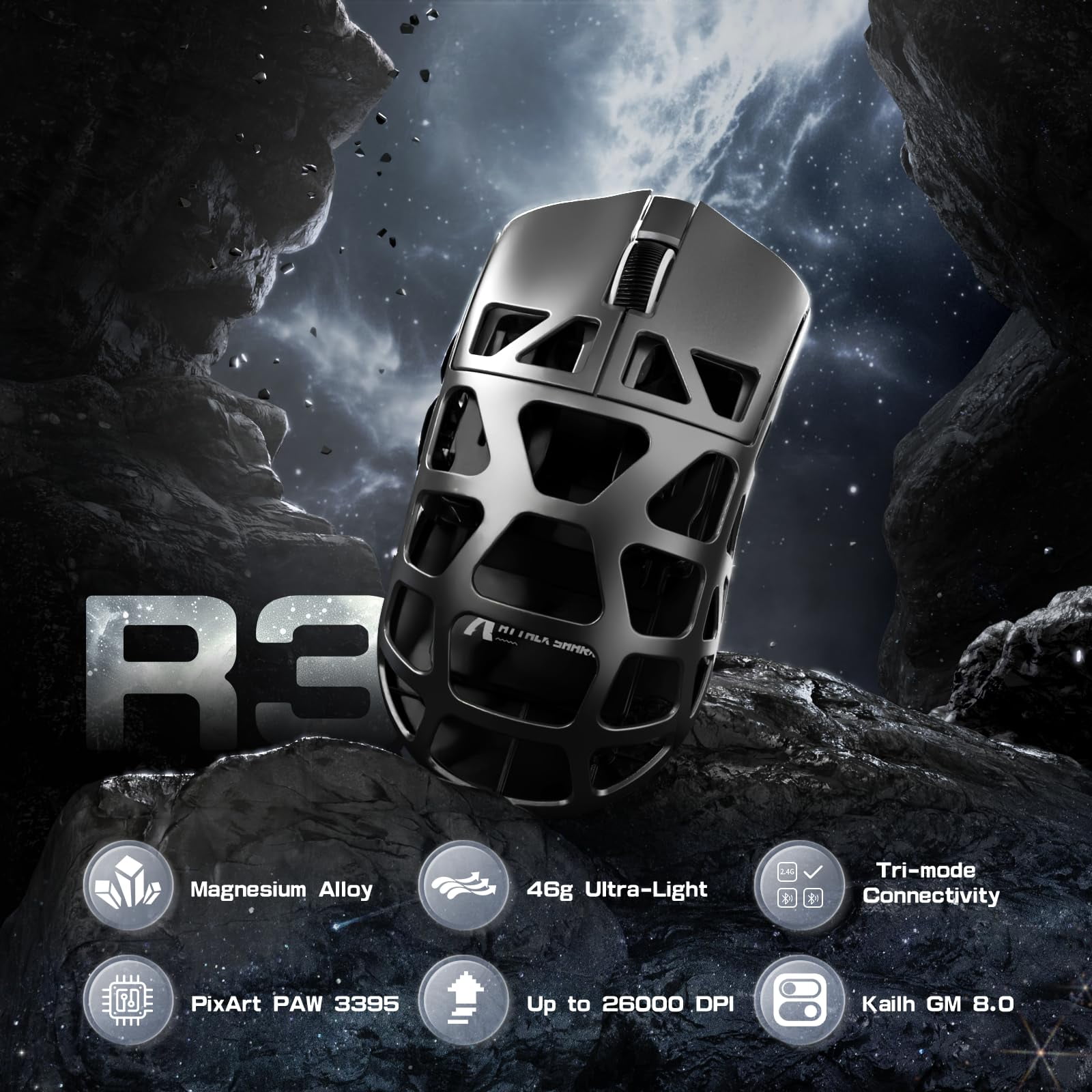 ATTACK SHARK R3 46g Superlight Wireless Gaming Mouse, Magnesium Alloy BT/2.4Ghz/Wired Computer Mouse, PAW3395 26K DPI Sensor, 8000Hz Wireless Polling Rate Programmable Mice for PC/Laptop/Mac (Grey)