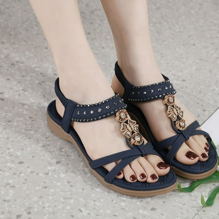 

Vintage Boho Sandals Beach Holiday Shoes Gnobogi Sandals for Women Dressy Summer Women s Summer Sandals Beach Rhinester Bohemian Round Toe Flat Shoes Blue