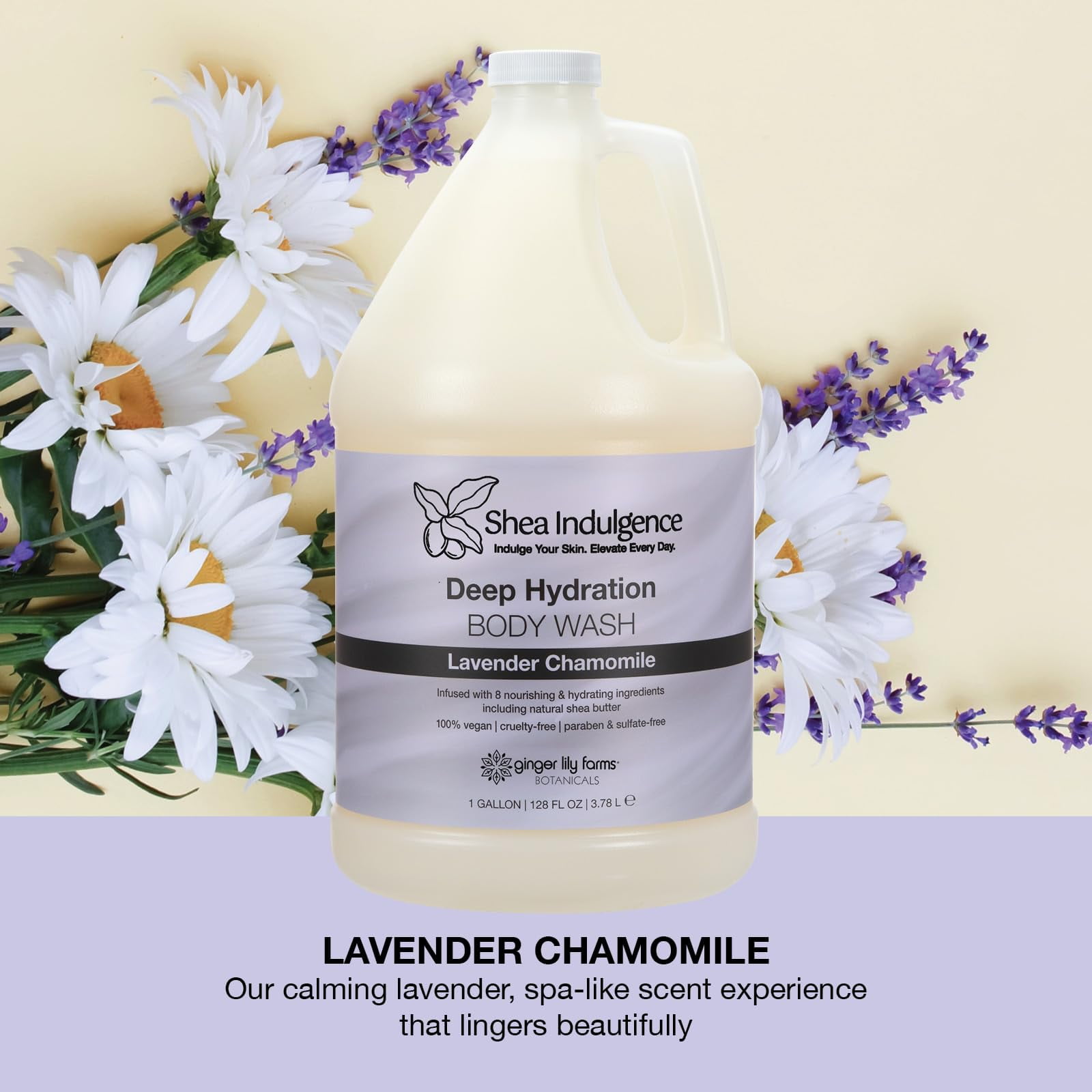 Ginger Lily Farms Botanicals Shea Indulgence Deep Hydration Body Wash, 100% Vegan & Cruelty-Free, Lavender Chamomile Scent, 1 Gallon (128 fl oz) Refill