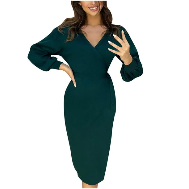 Moda mujer Color sólido elegante cinturón Delgado Color sólido manga larga vestido falda larga Pompotops qwe12623