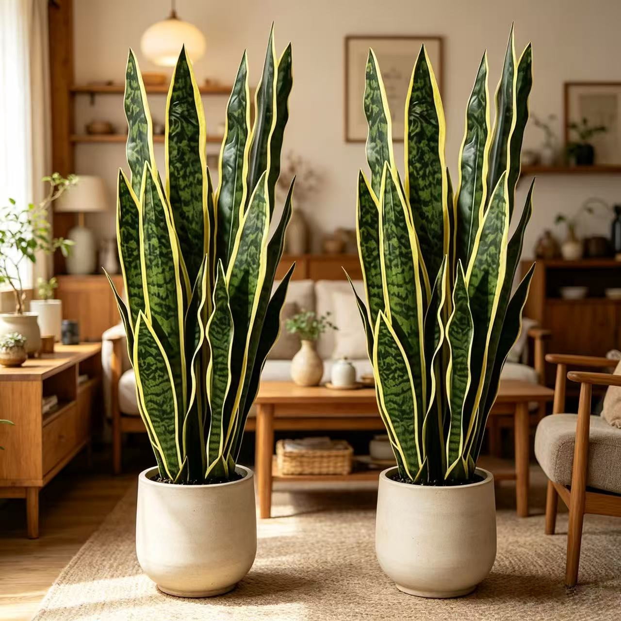 22.44in Artificial Snake Plant, Faux Sansevieria with Golden Edges, UV Resistant Fake Snake Plant for Indoor Outdoor Home Office Living Room Decor, No Pot