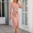 thumbnail image 2 of MIXUE Summer Dresses for Women Solid Color Lapel V Neck Button Down Long Sleeve Casual Bodycon Shirt Dress Streetwear,Pink,S, 2 of 5