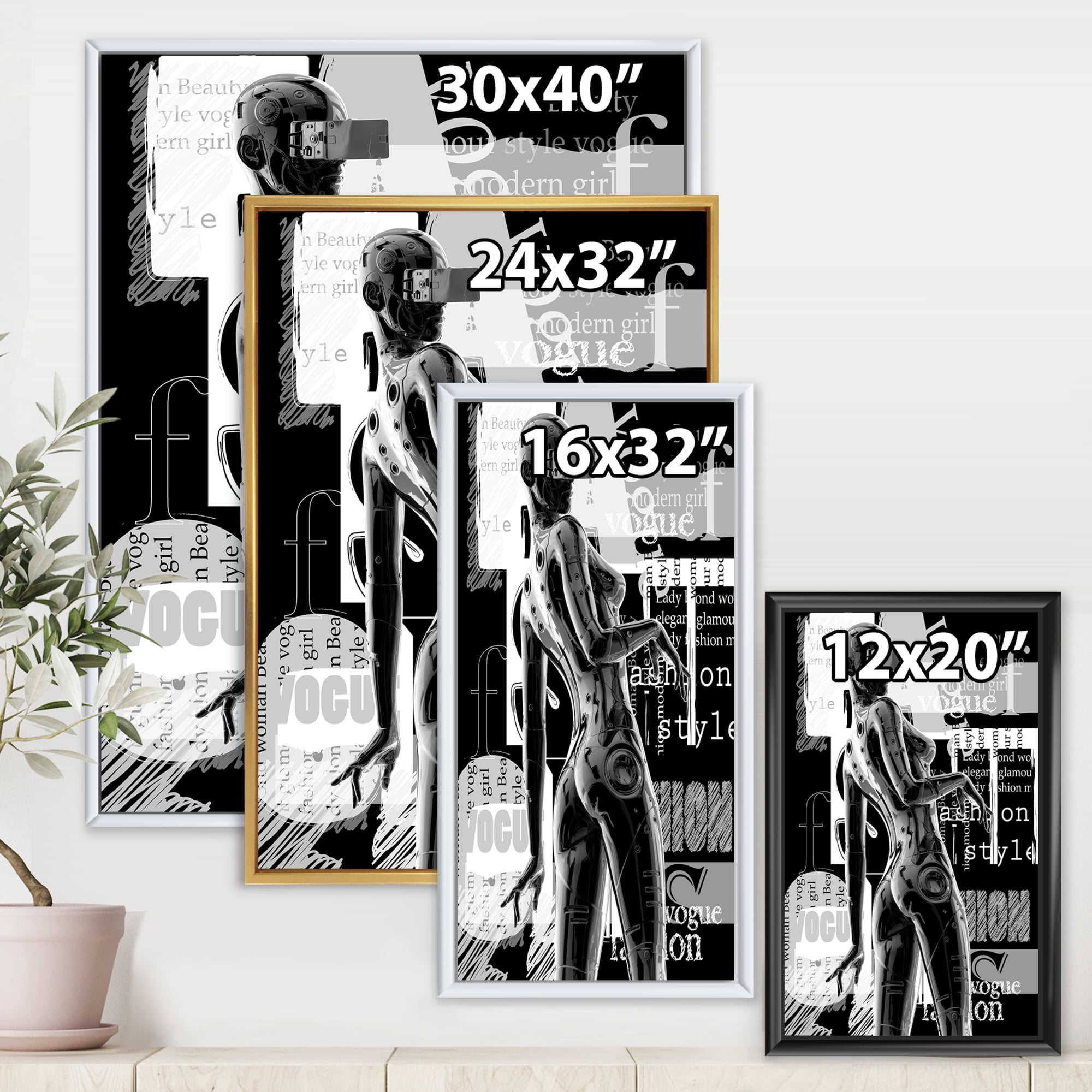 Designart 'Black and White Cyborg Body I' Modern Framed Canvas Wall Art Print