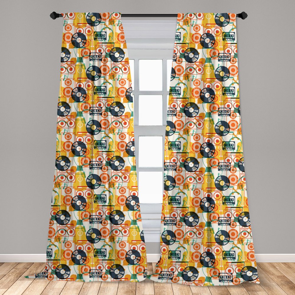 Music Curtains 2 Panels Set, Pattern with Musical Instruments in Flat Design Style Cassette
