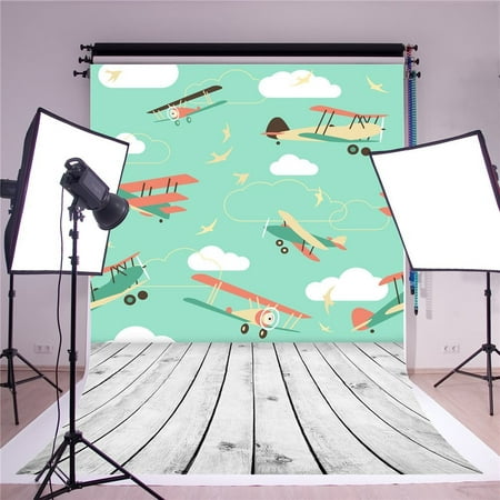 Image of MOHome 5x7ft Children Cartoon Photographic Backdrops Airplane Model on Green Background Light Gray Wood Floor Photo Shoot