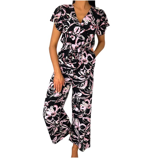 Wolfast Jumpsuits for Women Casual Loose Ruffled Sleeves Rompers Printed V Neck Wide Leg Overalls with Pockets,Black XL