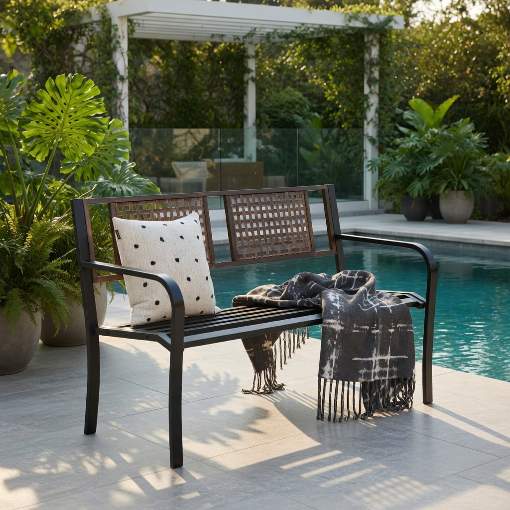 Hommoo 50" Outdoor Metal Patio Bench for 2-3 People, Rattan-Style Garden Bench with Heavy-Duty Steel Frame & Anti-Slip Feet, Black