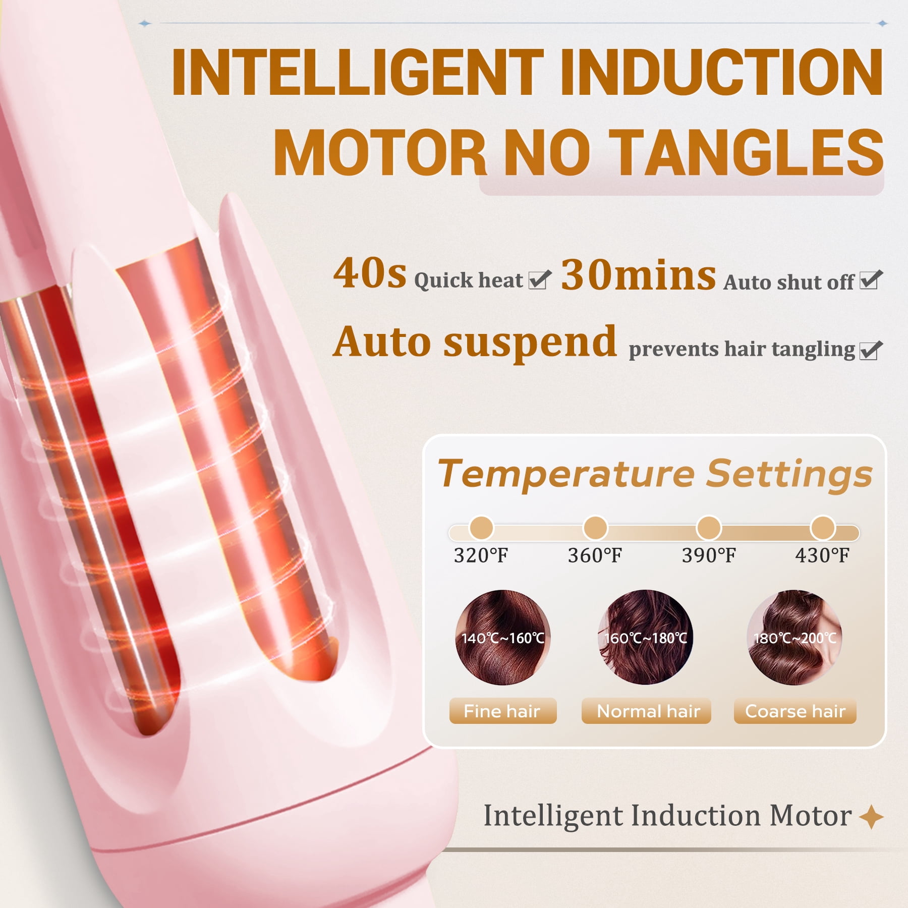 BILITOK Auto Hair Curler, Automatic Curling Iron with 4 Temperature & 3 Timer, Automatic Shut-Off, Anti-Scald, Anti-Tangle Rotating Curling Wand for Hair Styling Pink